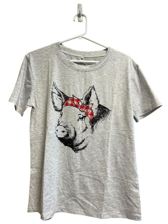 Unknown Tops - Grey Short Sleeve Pig Shirt With Red Bandana Graphic Comfy Cotton Small